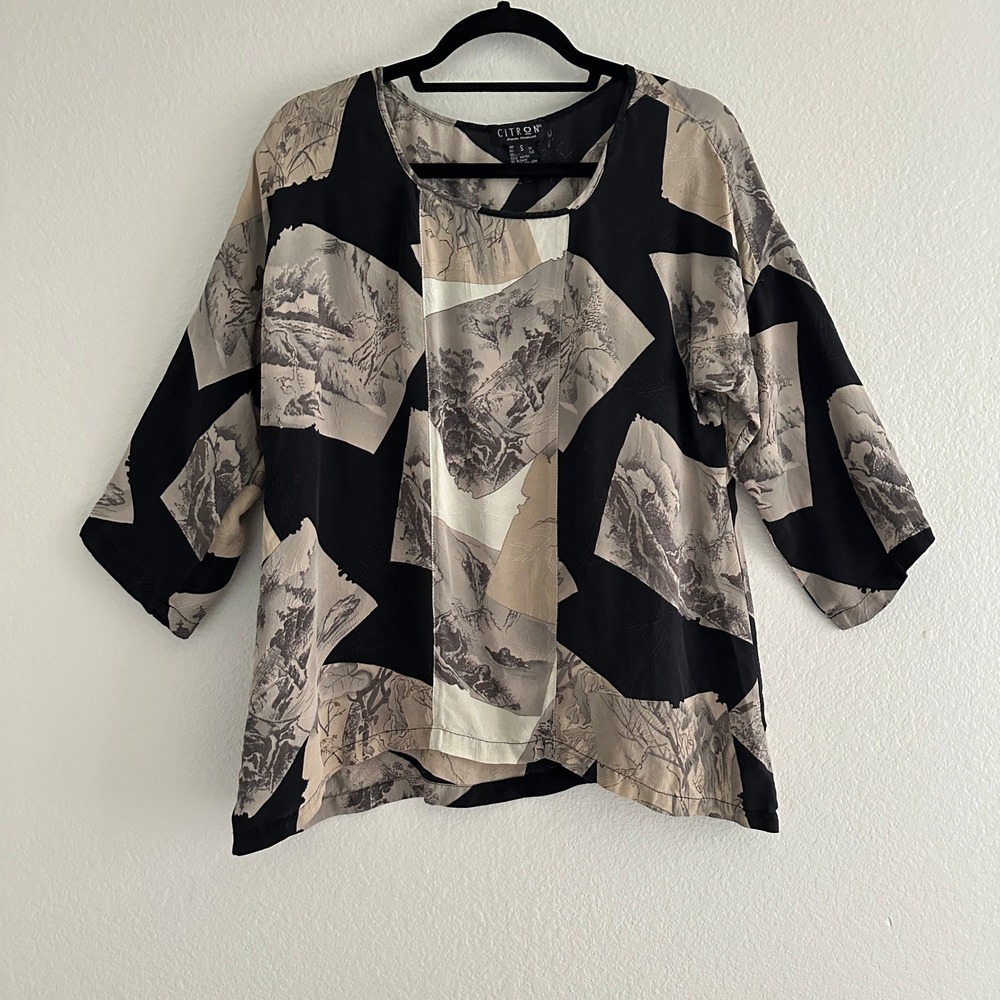 Citron Santa Monica Silk Tunic Top S Scenic Landscape Art to Wear Lagenlook